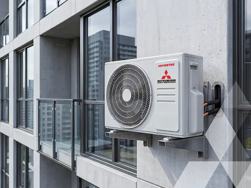 Unità esterna di un climatizzatore Mitsubishi Heavy Industries su un balcone